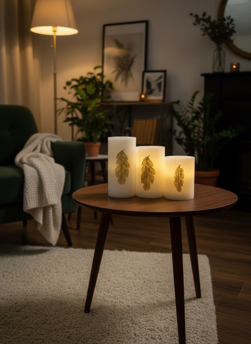 3er-Set Golden Feather – LED Kerzen