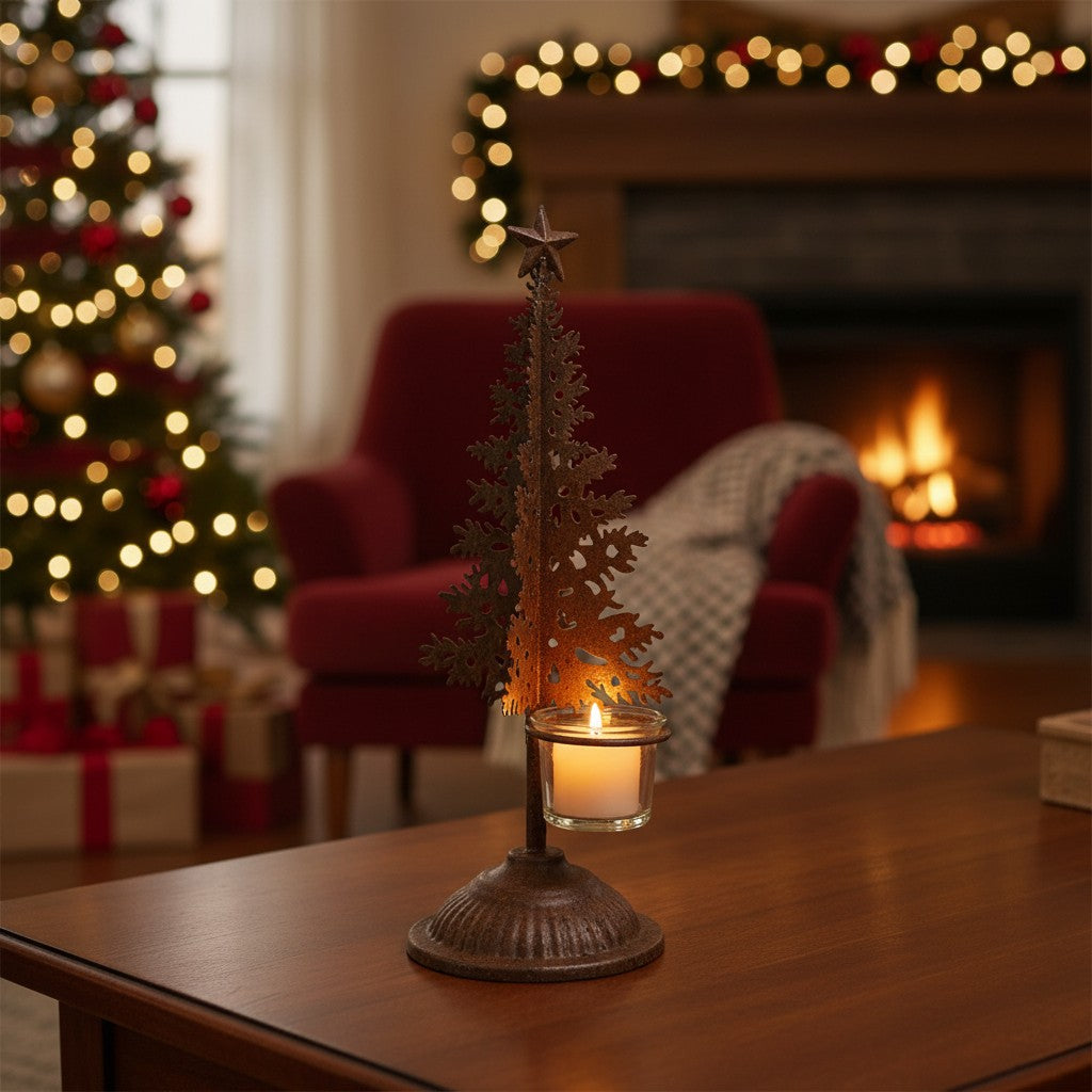 Weihnachtsbaum-Teelichthalter aus Metall – Rost