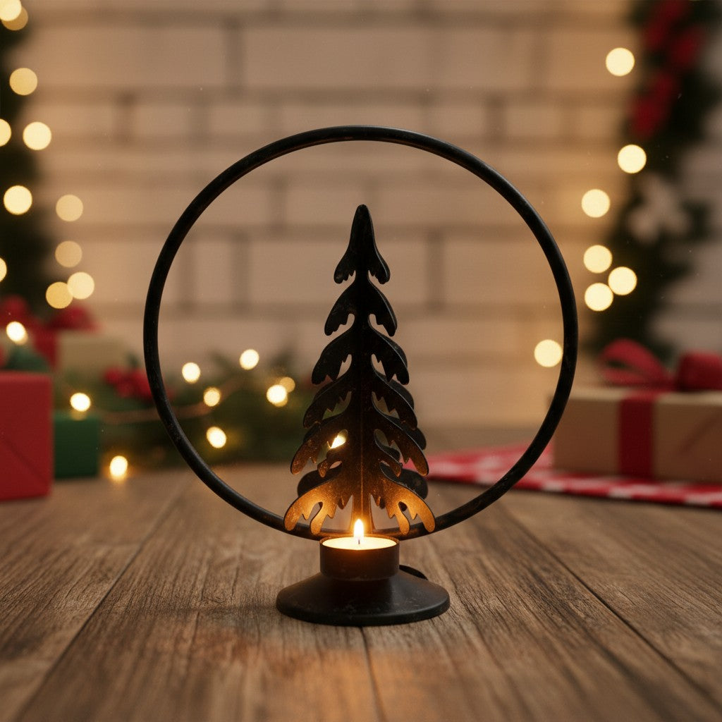 Runder Teelichthalter mit Tannenbaum – Schwarz