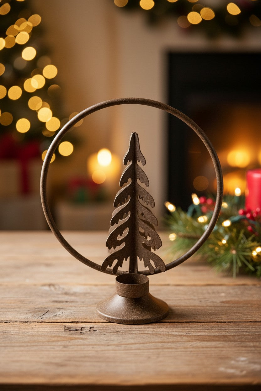 Runder Teelichthalter mit Tannenbaum – Rost-Optik